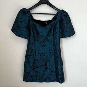 NWT Lulus Beyond Amazing Dark Teal Blue Floral Jacquard Puff Sleeve Dress MEDIUM